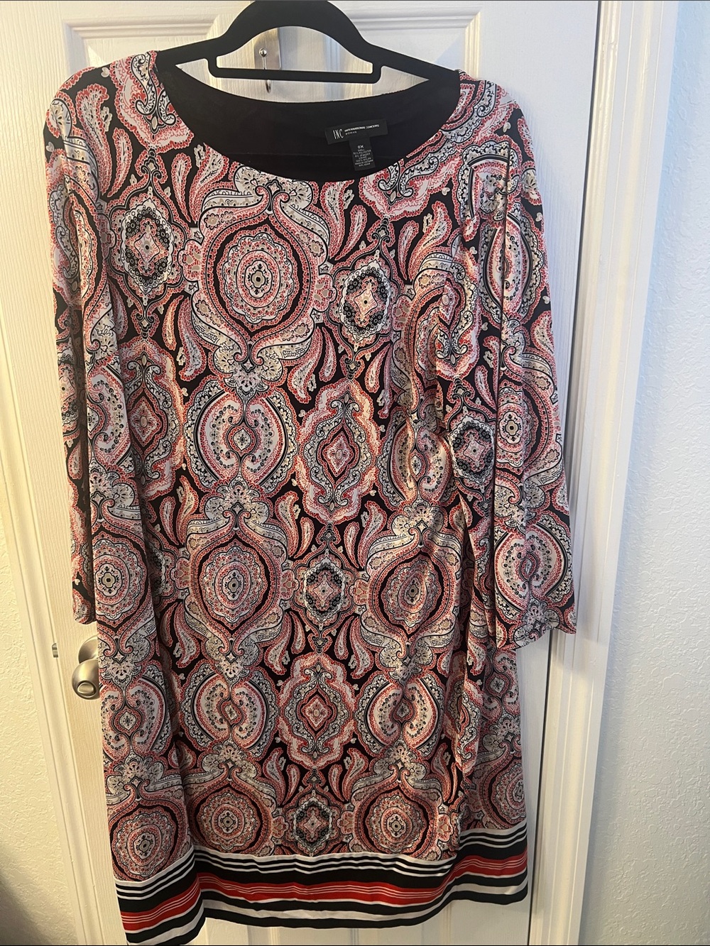 INC International Concepts Black Paisley Dress with Red & Cream Accents